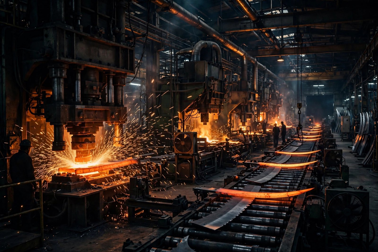 Blade manufacturing plant with forging presses and sparks