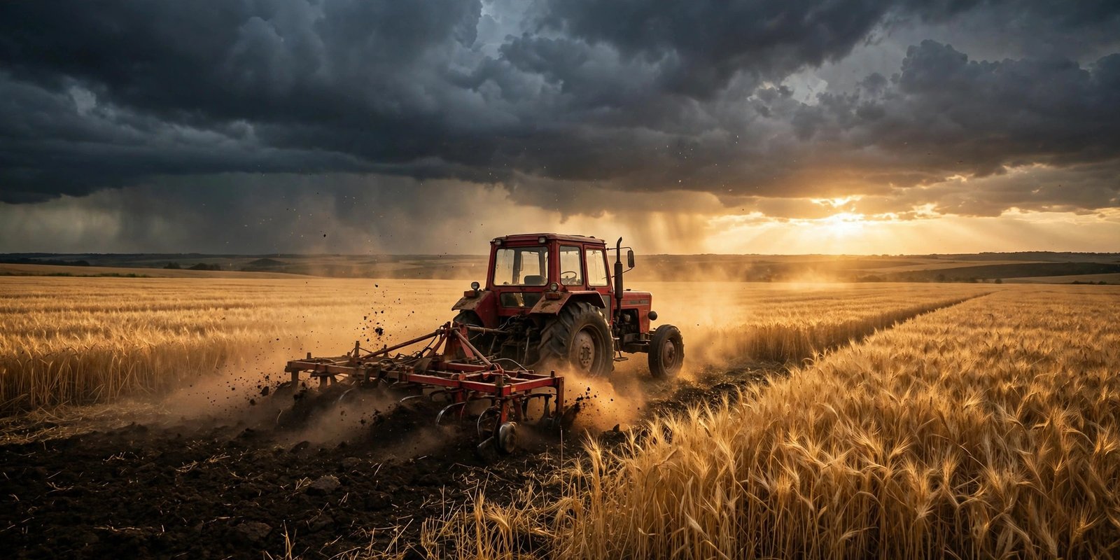 Tractor with rotavator tilling at dusk