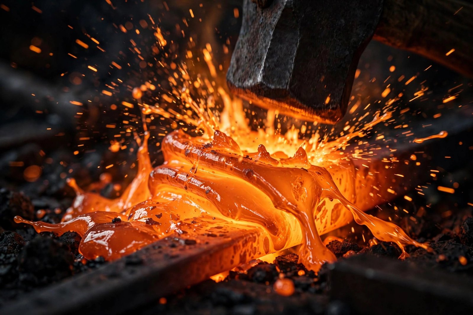 Molten steel being forged with flying sparks